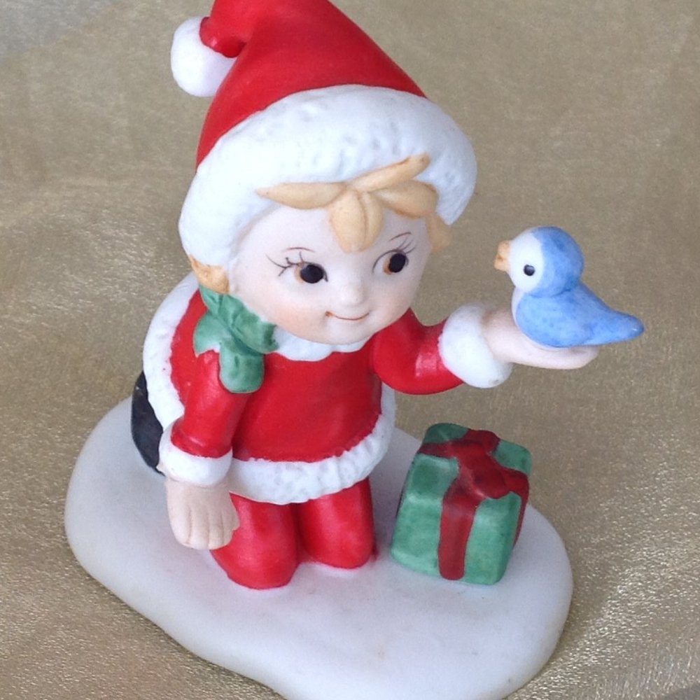 Adorable Lefton Christmas Elf Holding a Blue Bird
